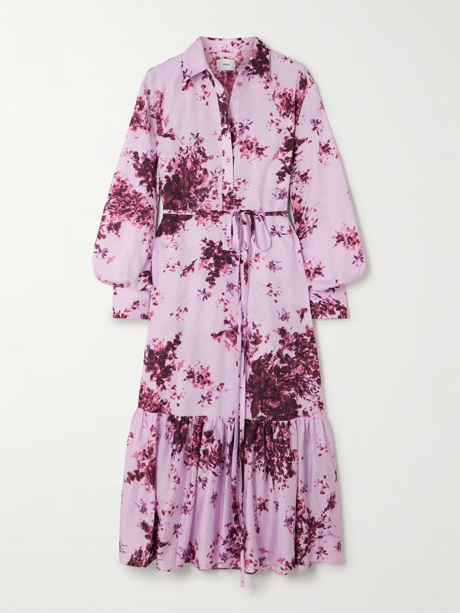 Elegant Lilac & Purple Floral Midi Shirt Dress