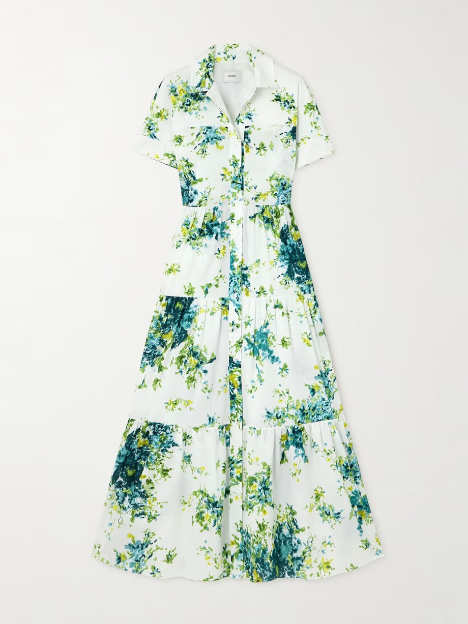 Elegant White & Green Floral Tiered Maxi Shirt Dress