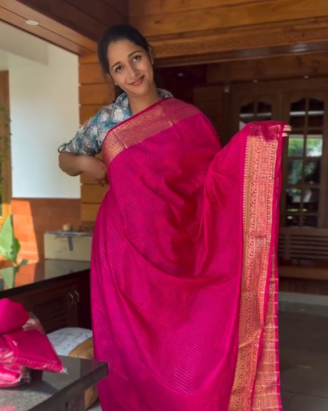 Pink Chex Silk Saree