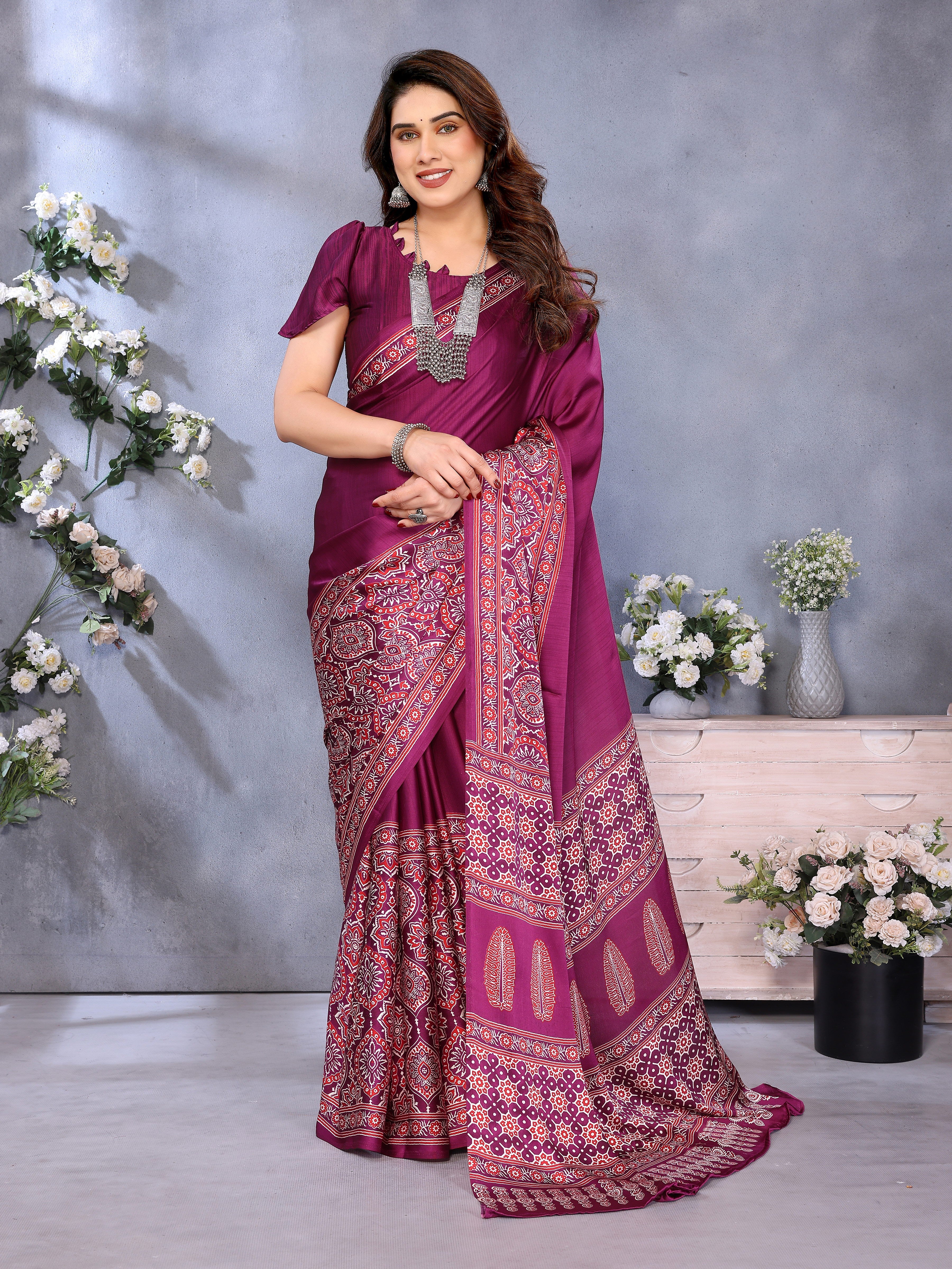 Original Ajrakh Semi Gaji Silk Bandhej Saree
