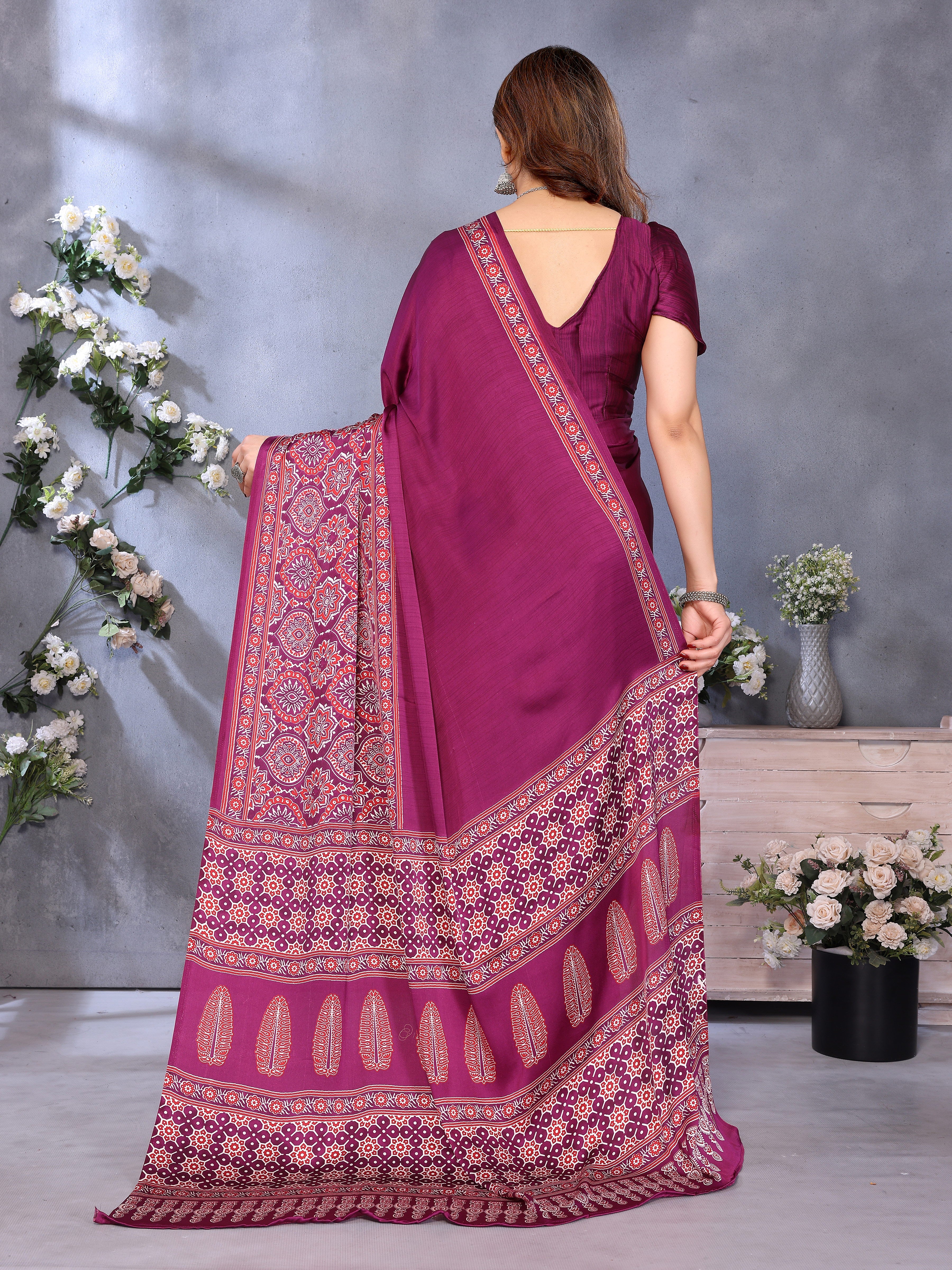 Original Ajrakh Semi Gaji Silk Bandhej Saree
