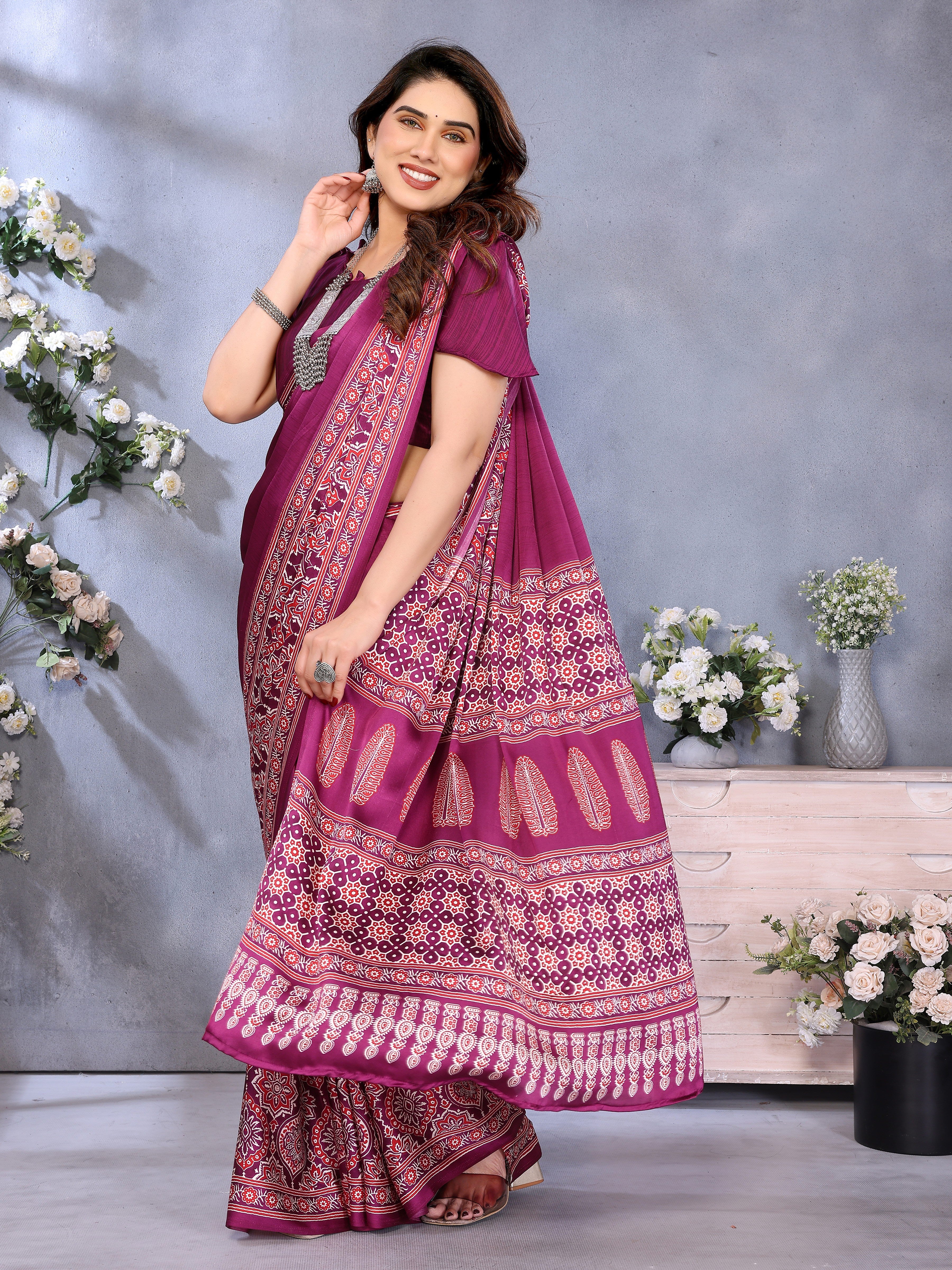 Original Ajrakh Semi Gaji Silk Bandhej Saree
