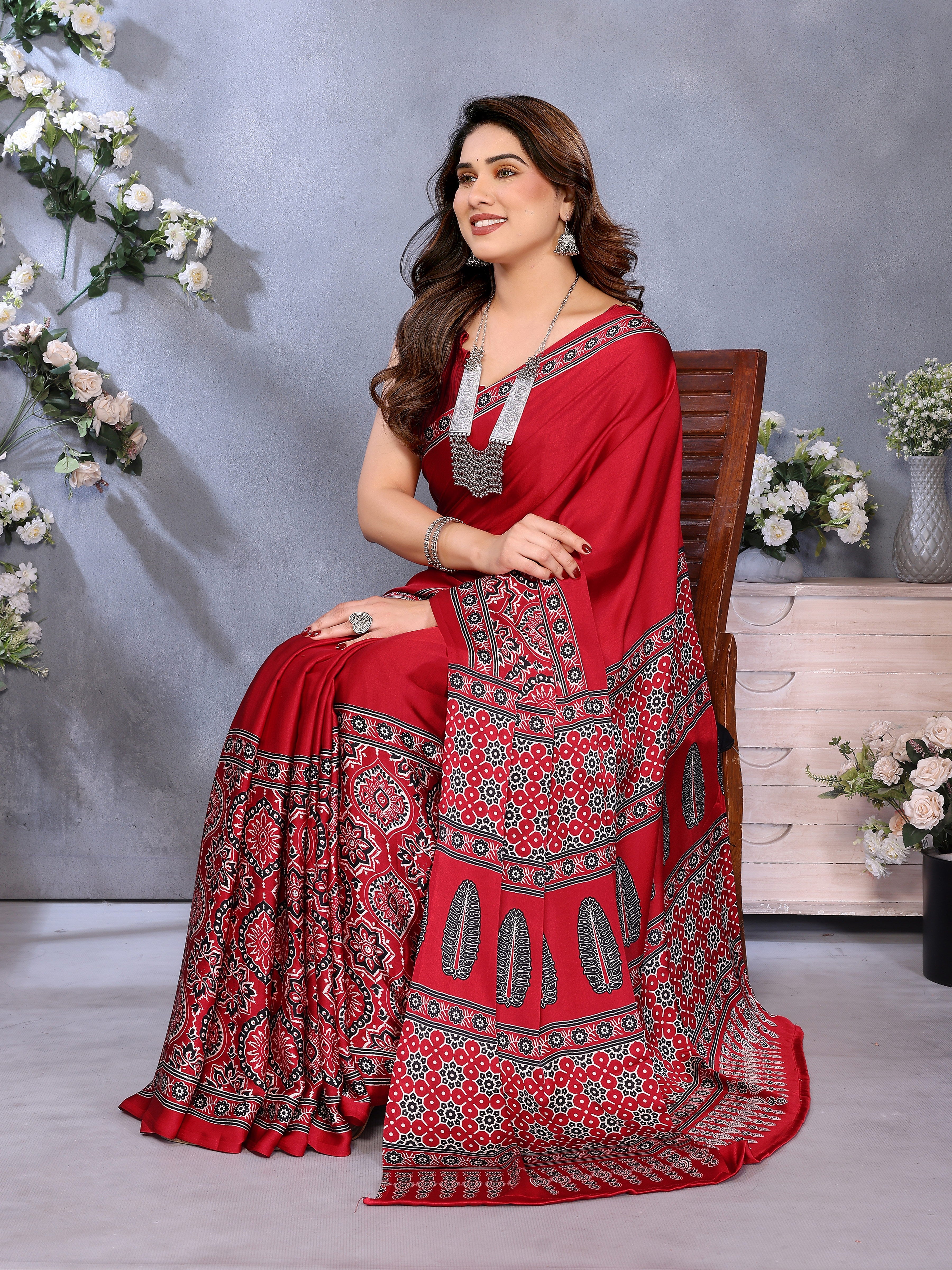 Original Ajrakh Semi Gaji Silk Bandhej Saree