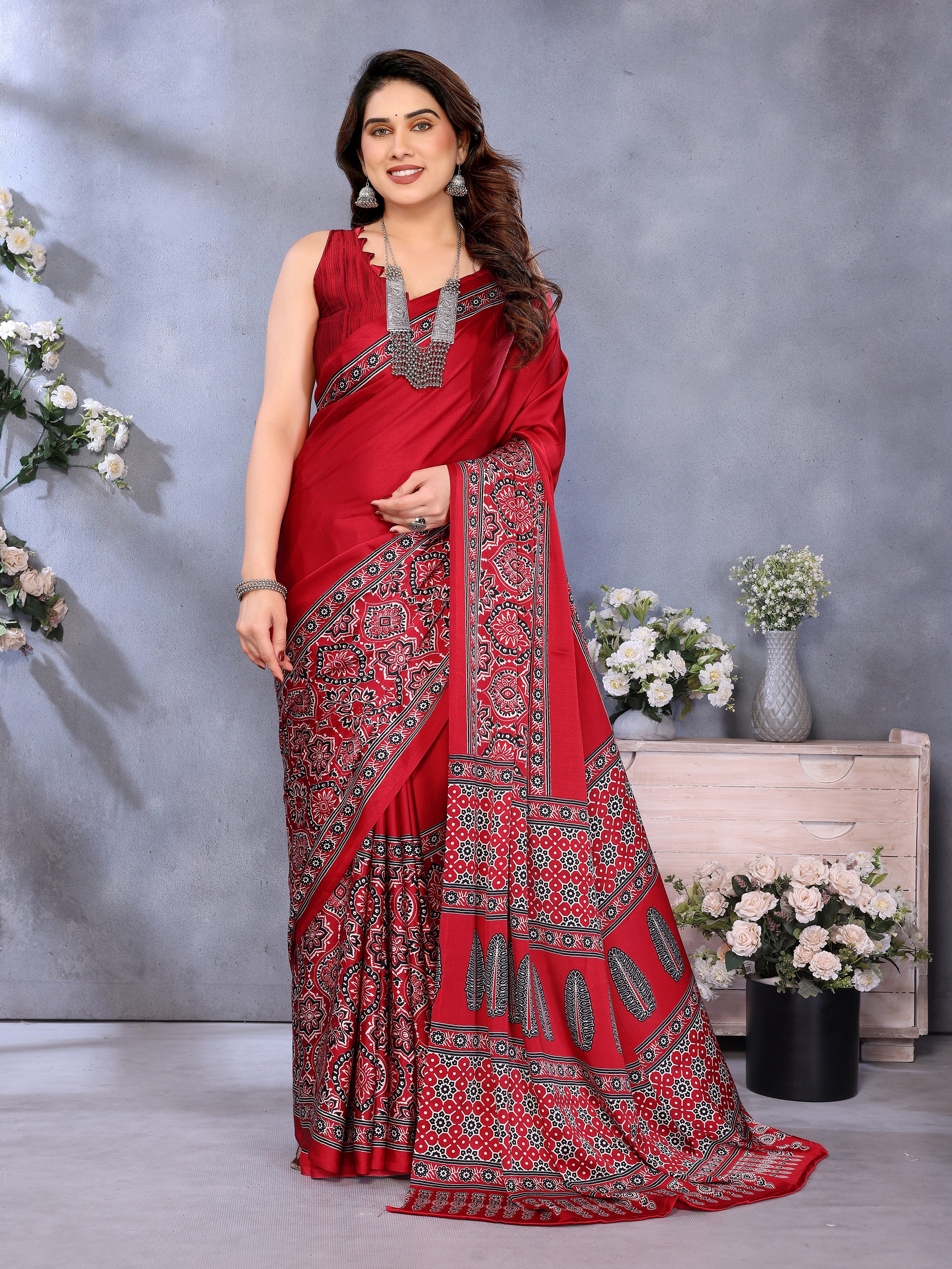 Original Ajrakh Semi Gaji Silk Bandhej Saree