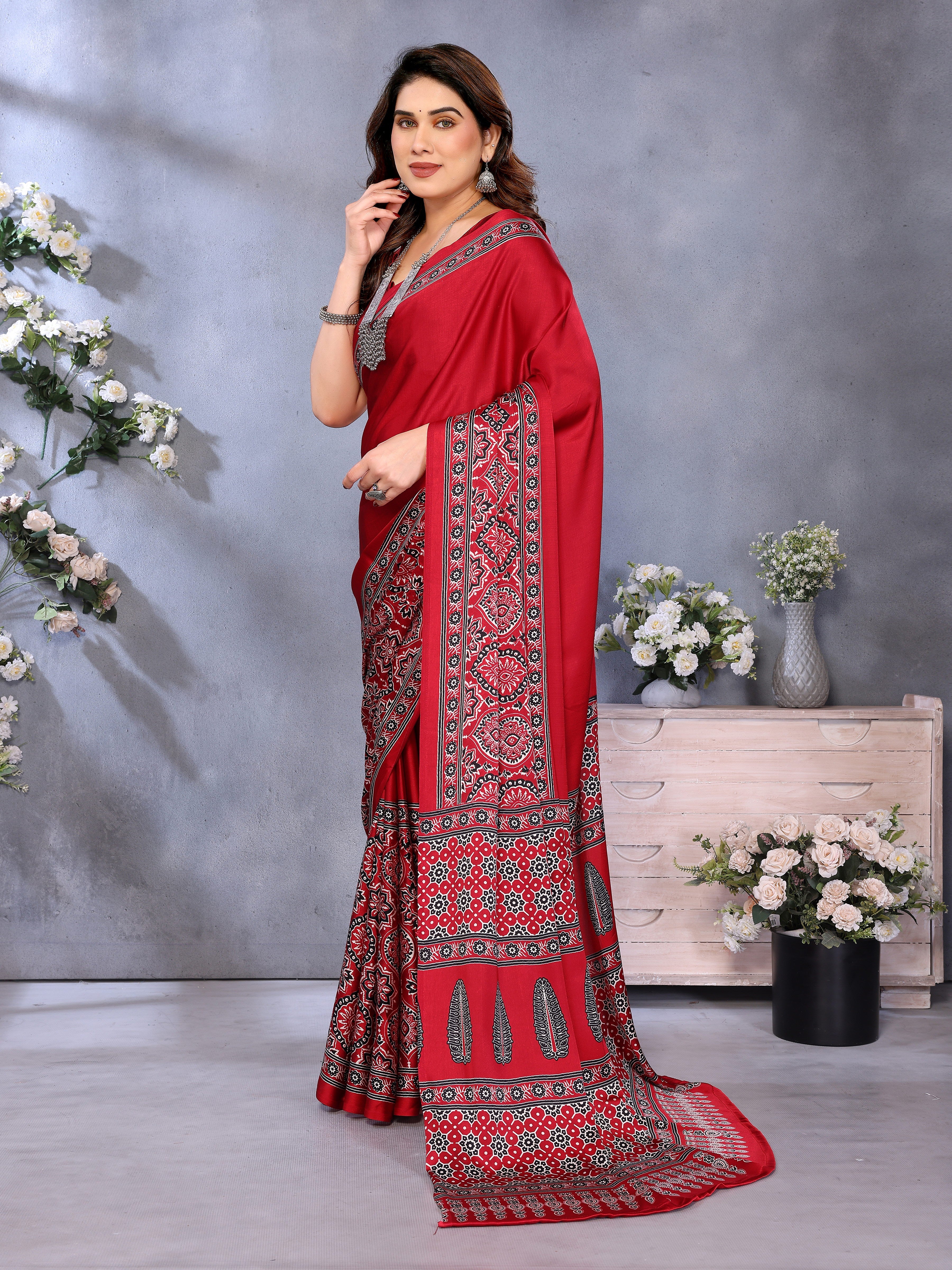 Original Ajrakh Semi Gaji Silk Bandhej Saree