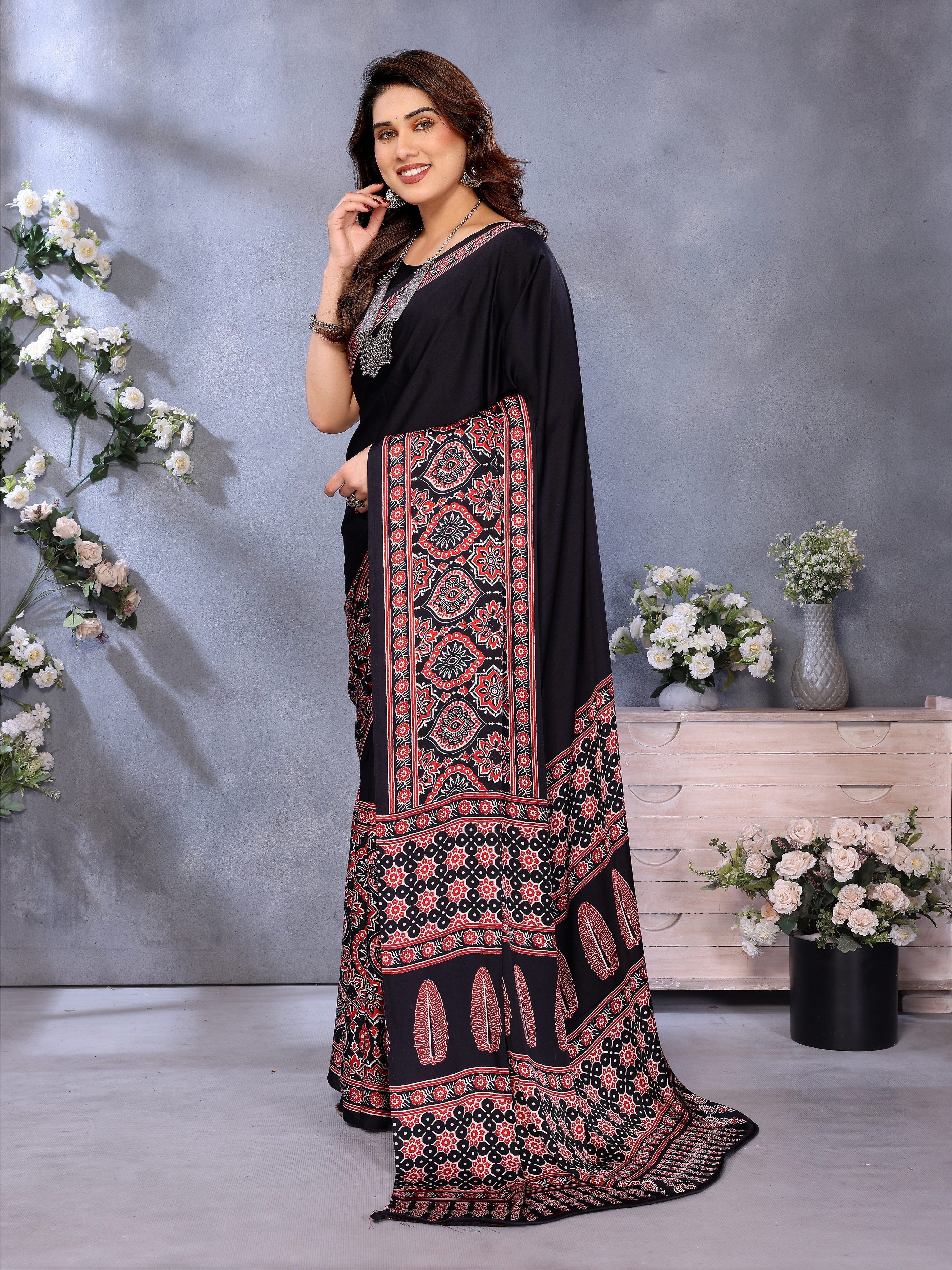 Original Ajrakh Semi Gaji Silk Bandhej Saree
