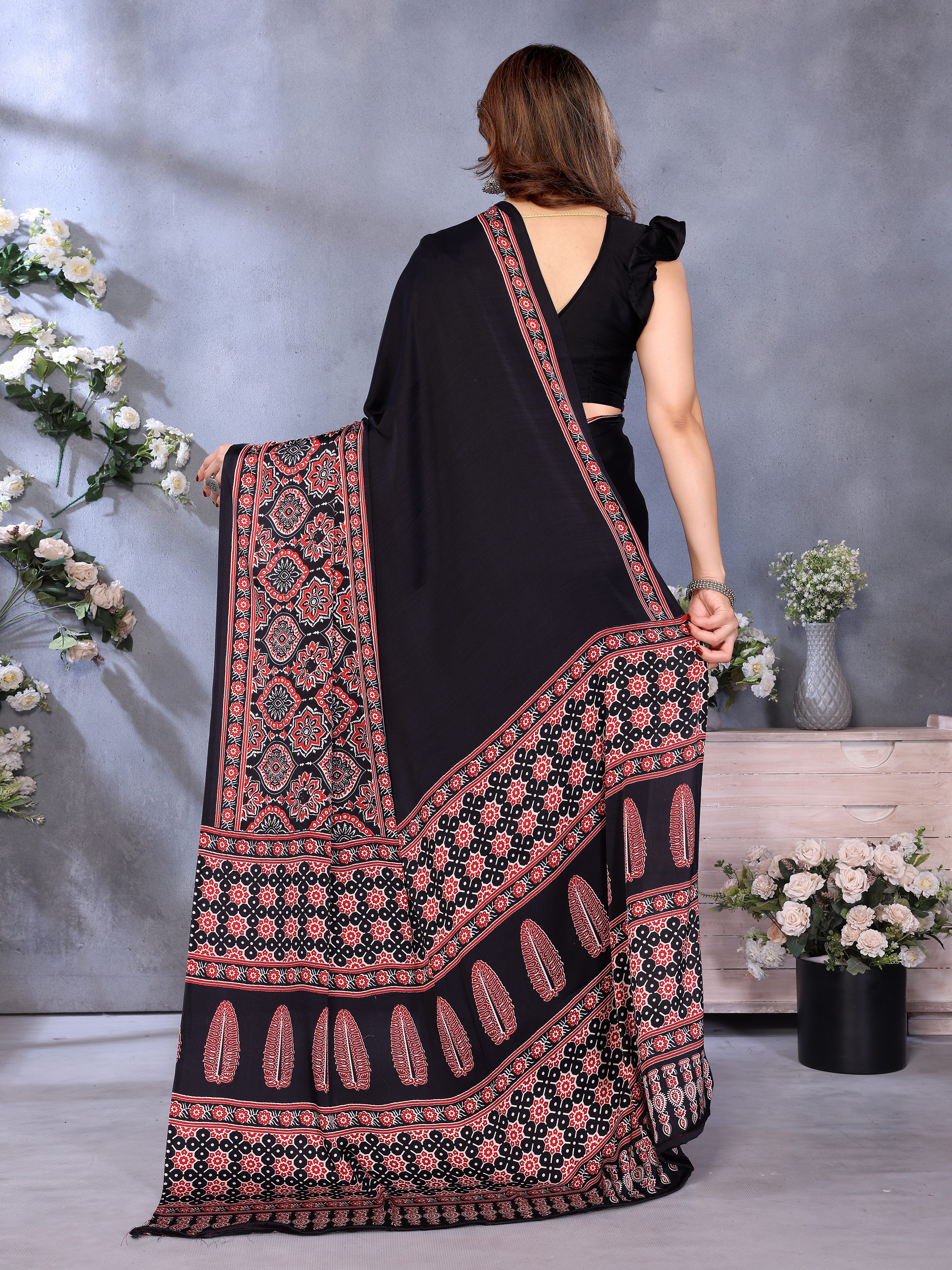 Original Ajrakh Semi Gaji Silk Bandhej Saree