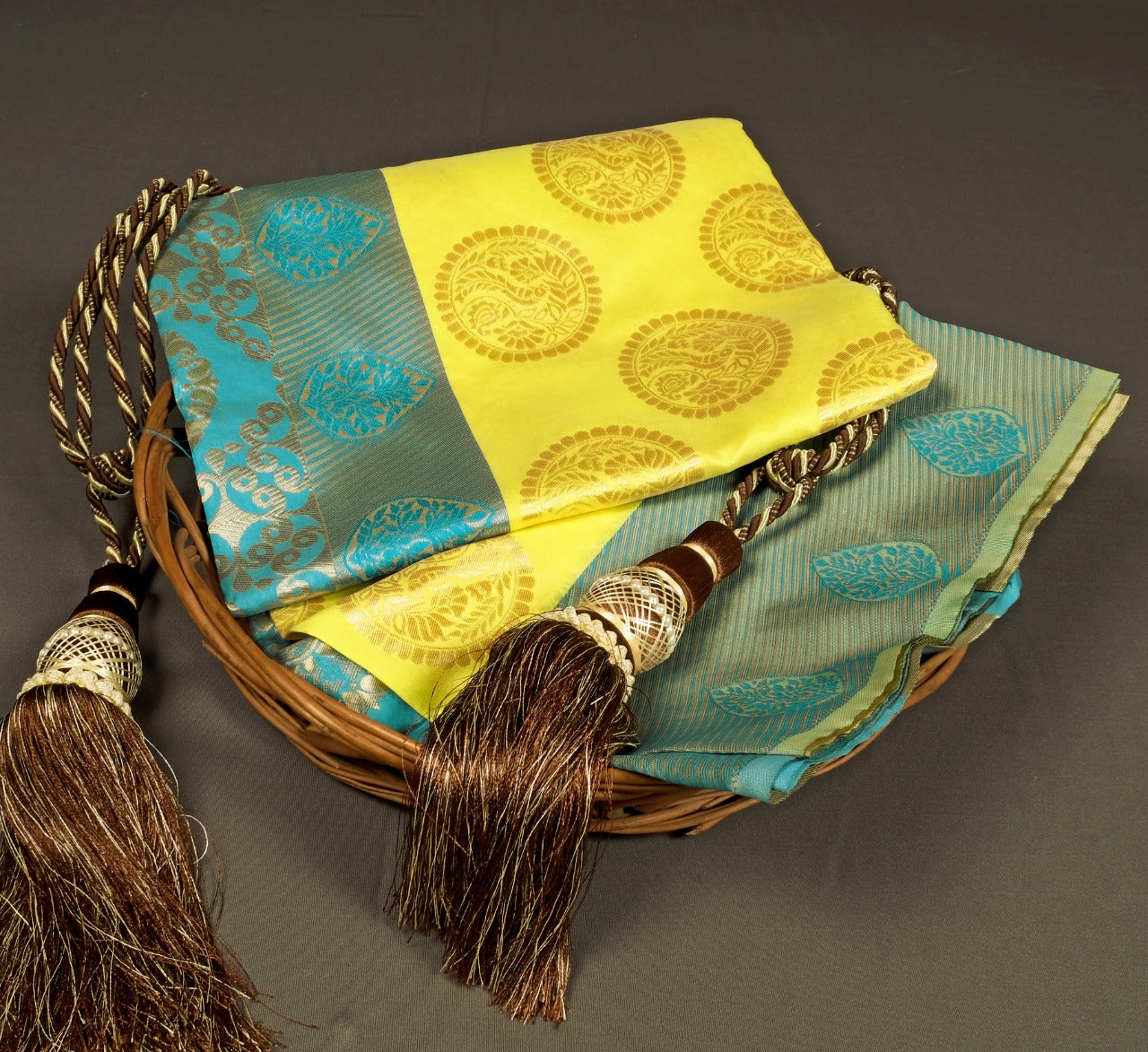 Yellow and Teal Silk Saree with Woven Motifs