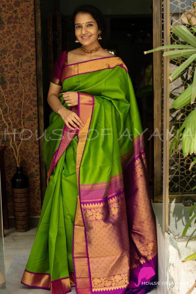 Green Silk Saree with Purple Zari Border