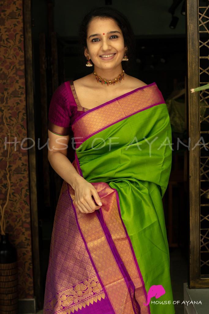 Green Silk Saree with Purple Zari Border