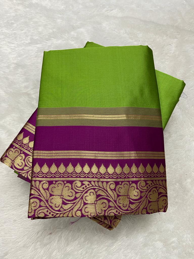 Green Silk Saree with Purple Zari Border