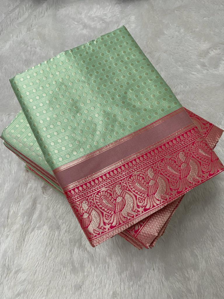 Royal Pink and Mint Green Silk Saree with Rich Zari Border