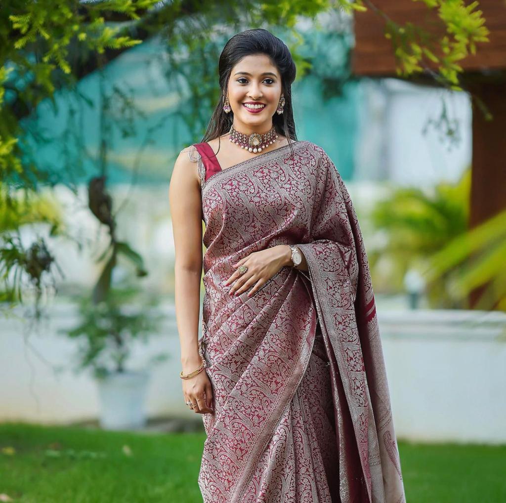 Elegant Maroon Silk Saree with All-Over Woven Motifs