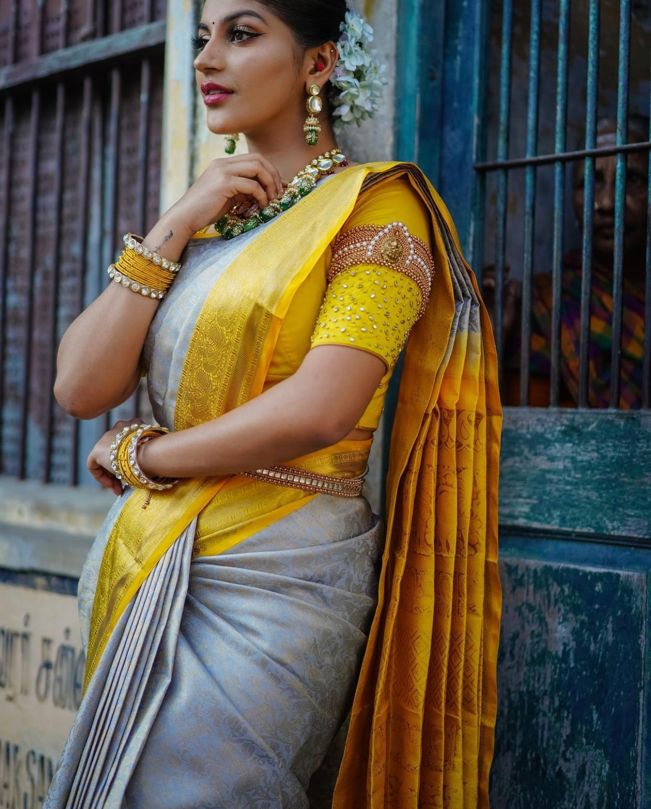 Mustard Yellow and Grey Silk Saree with Elegant Border