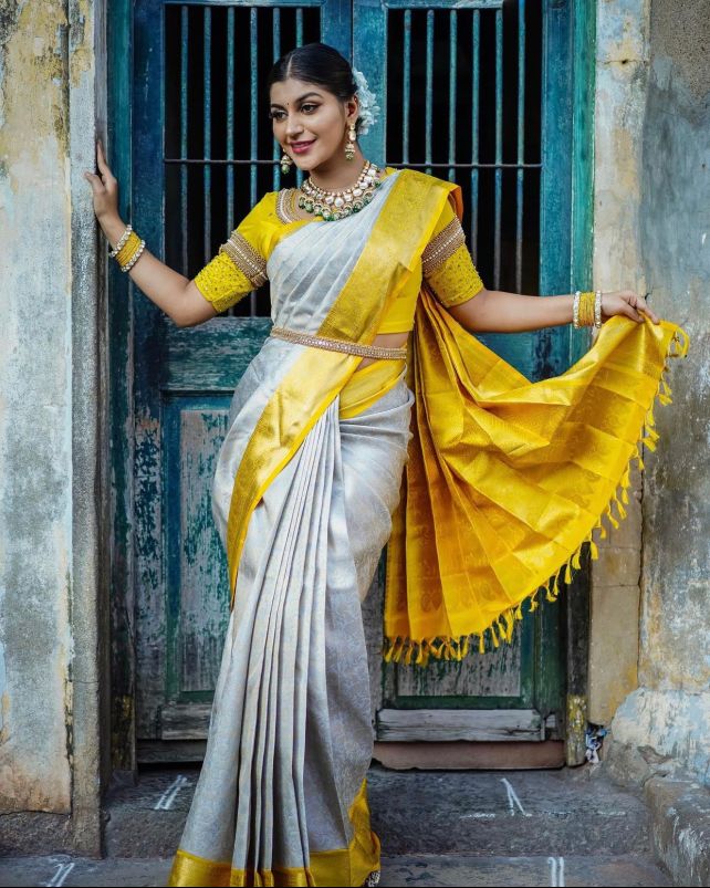 Mustard Yellow and Grey Silk Saree with Elegant Border