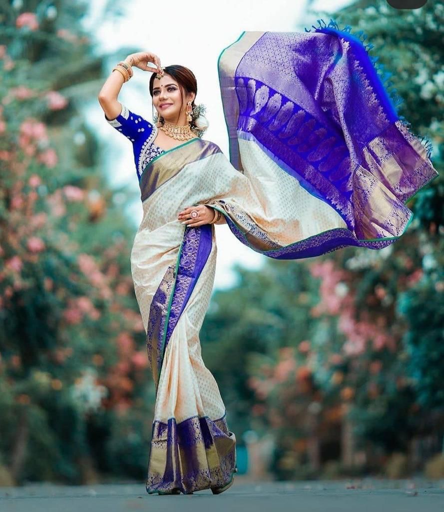 Ivory Silk Saree with Royal Blue Zari Border