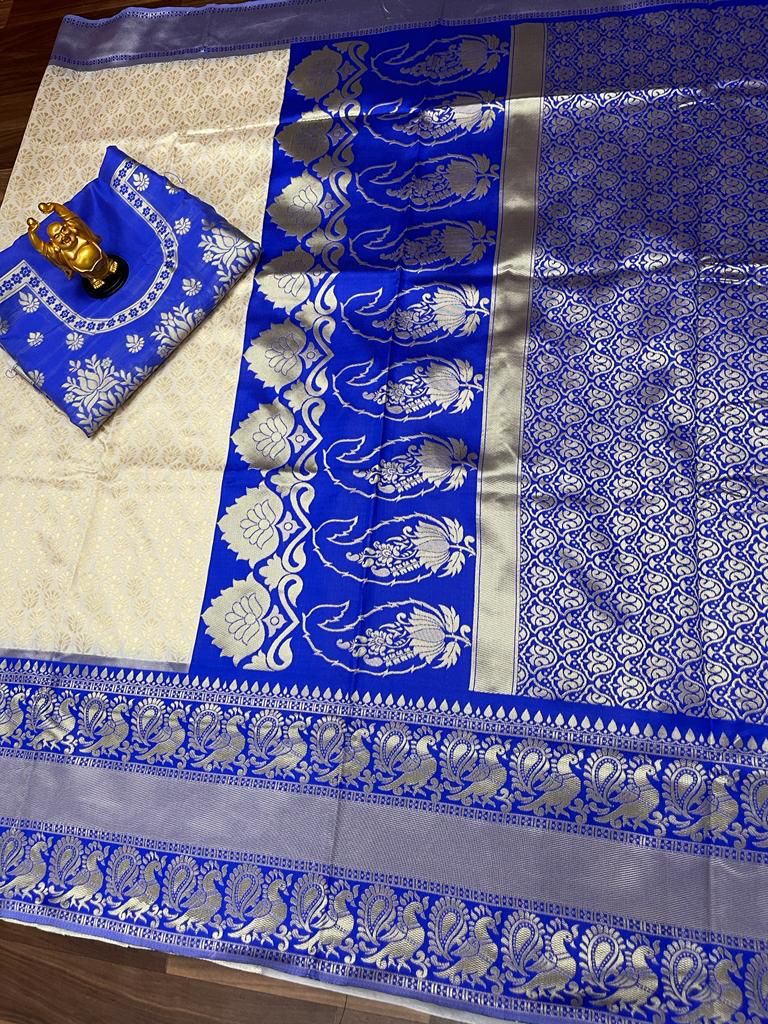 Ivory Silk Saree with Royal Blue Zari Border