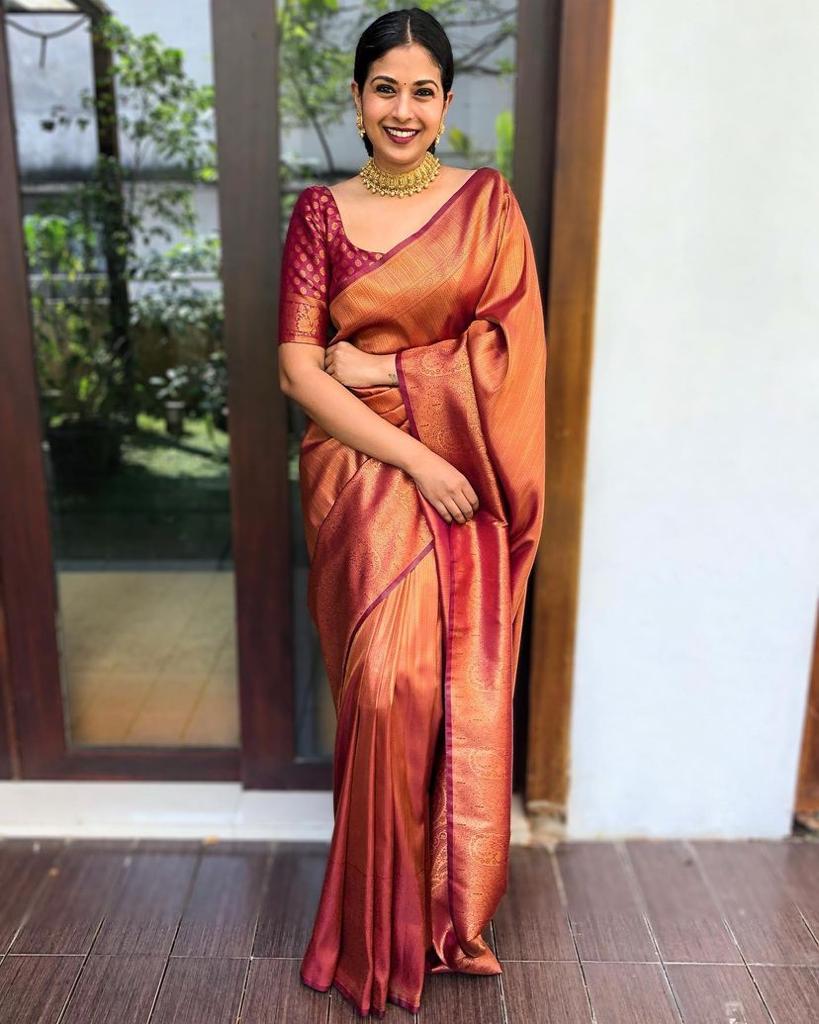 Copper Gold Silk Saree with Maroon Contrast Border