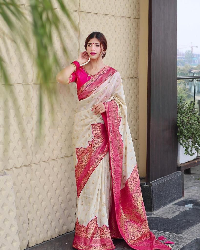 Elegant Cream Silk Saree with Rich Pink Zari Border