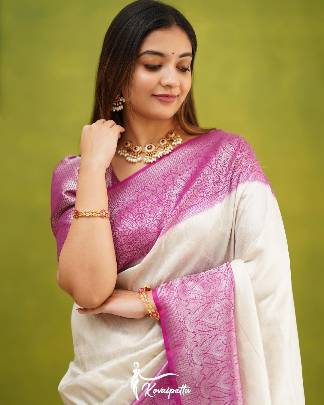 White Silk Saree with Rich Pink Woven Border