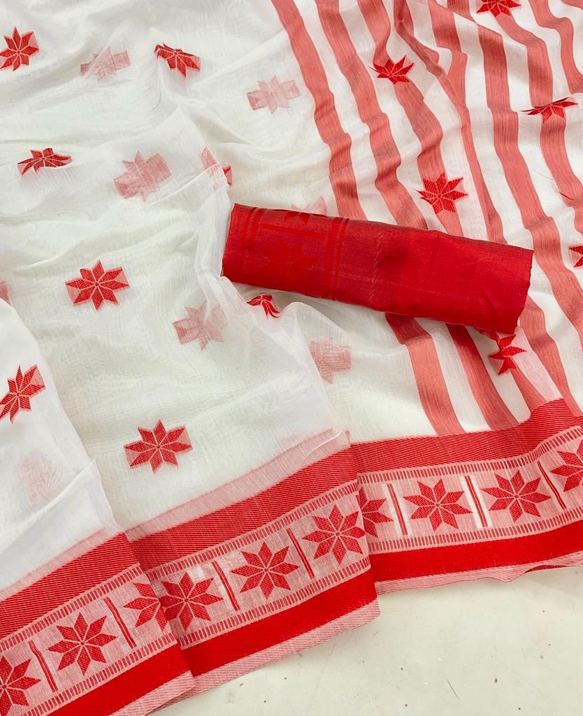 White Red Cotton Saree with Traditional Border