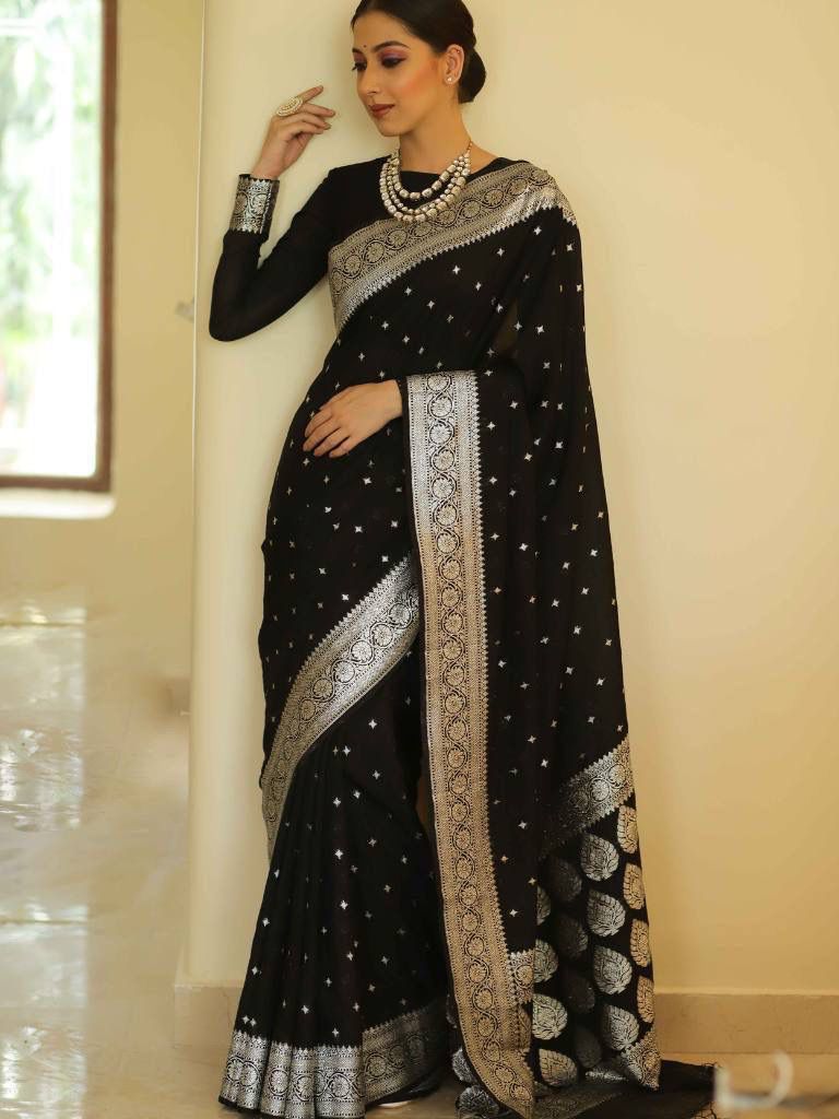 Classic Black Saree with Silver Woven Border