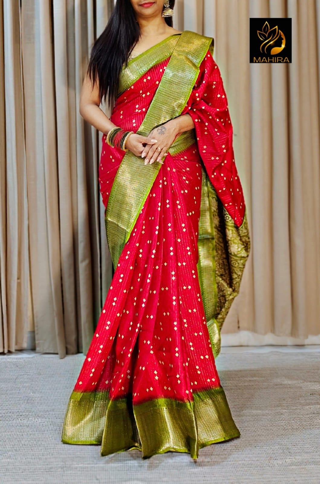 Dola Silk Saree with Gold Printed Lines & Bandhini Design