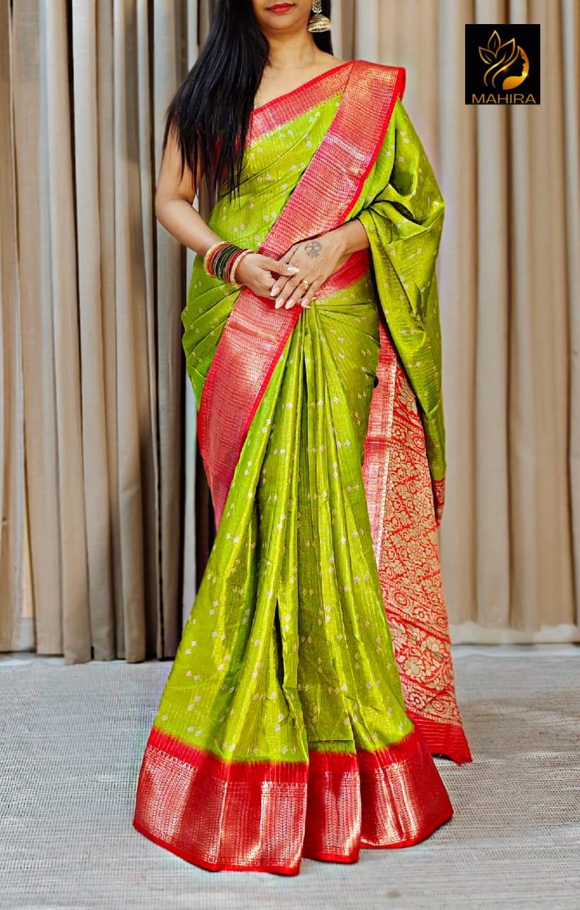 Dola Silk Saree with Gold Printed Lines & Bandhini Design