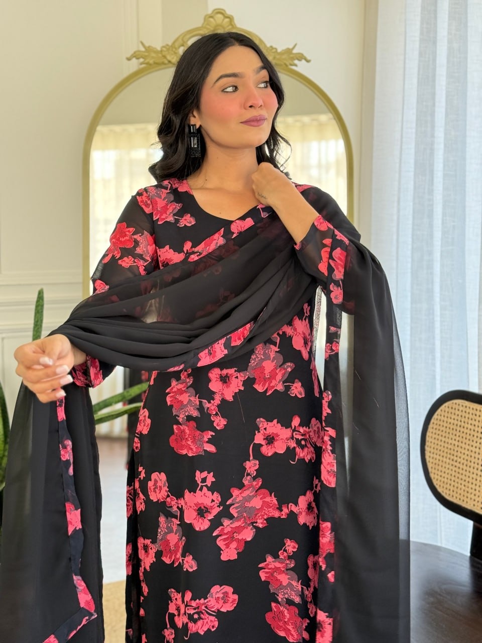 Elegant Georgette Top with Chanderi Silk Bottom & Dupatta Set