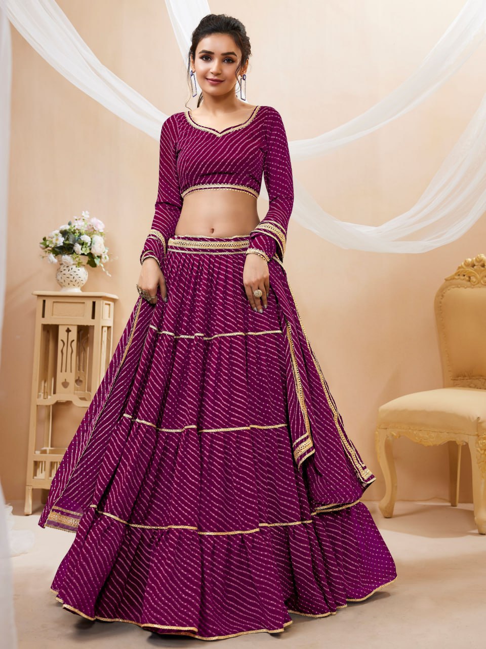 Semi-Stitched Georgette Lehenga Set with Blooming Leheriya Print