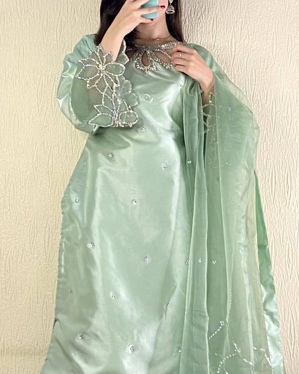 Elegant Moss Satin Kurta Set with Organza Dupatta