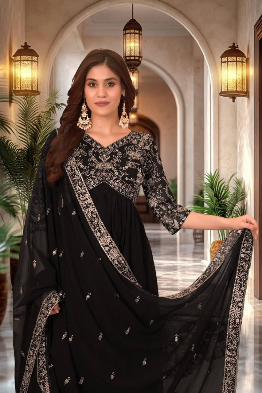 Elegance redefined: black embroidery gown with dupatta and pant