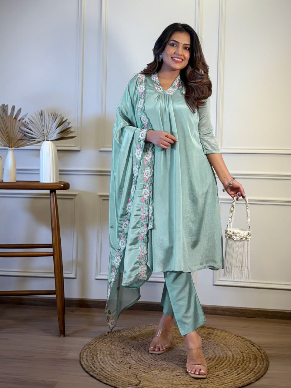 Elegant Chinon Embroidered Kurta Set with Rayon Bottom & Dupatta