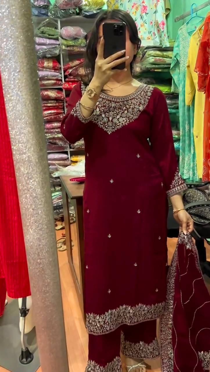 Chinon Silk Embroidered Kurti Set with Dupatta