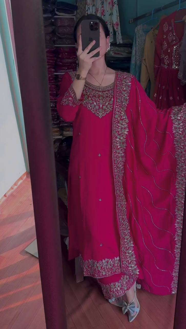 Chinon Silk Embroidered Kurti Set with Dupatta