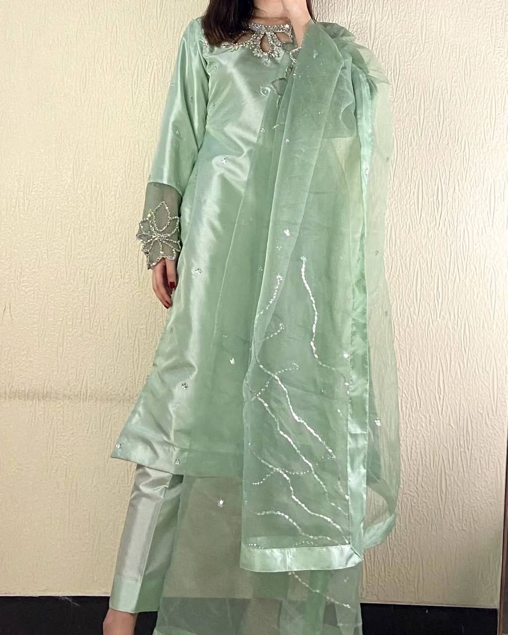Elegant Moss Satin Kurta Set with Organza Dupatta