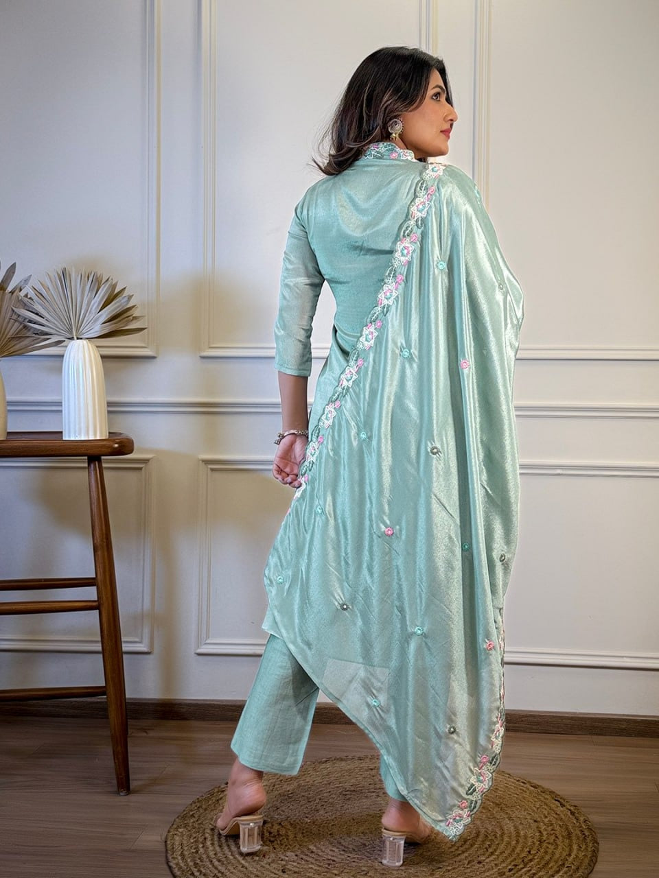 Elegant Chinon Embroidered Kurta Set with Rayon Bottom & Dupatta