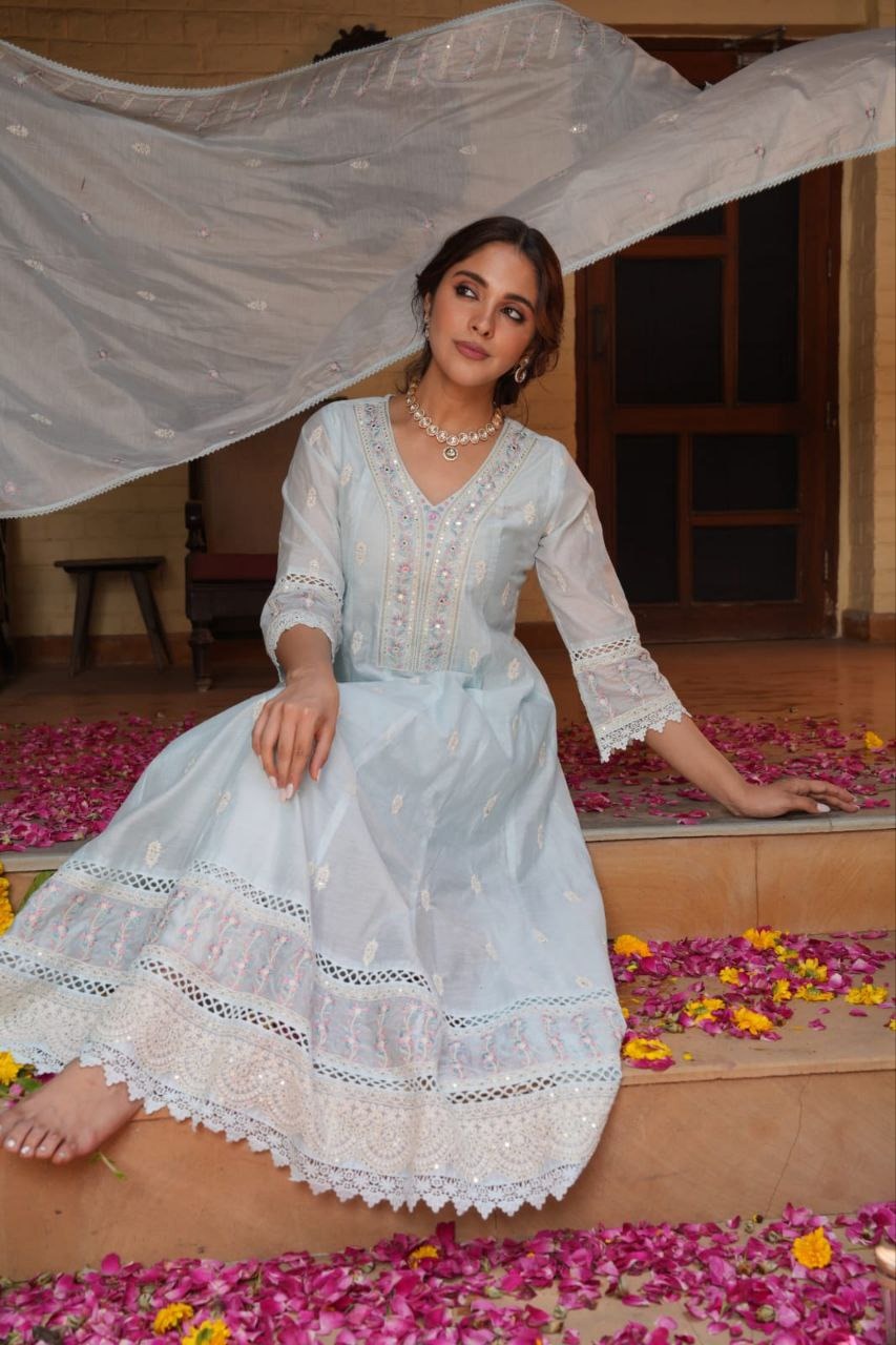 Mul Chanderi Cotton Kurta Plazo Set with Handwork Dupatta