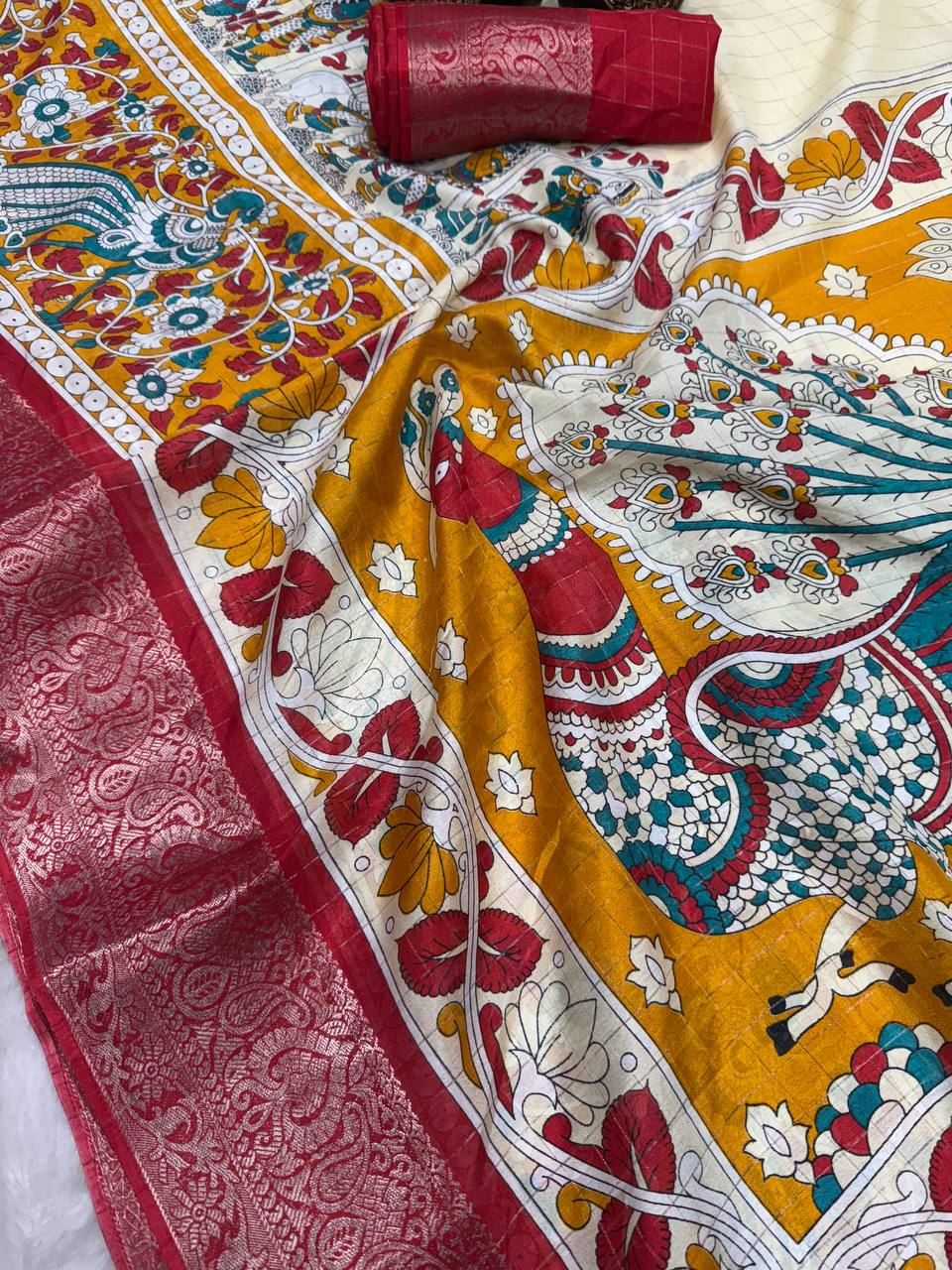 Lightweight Mangalagiri Dola Saree with Print Checks & Kalamkari Pallu