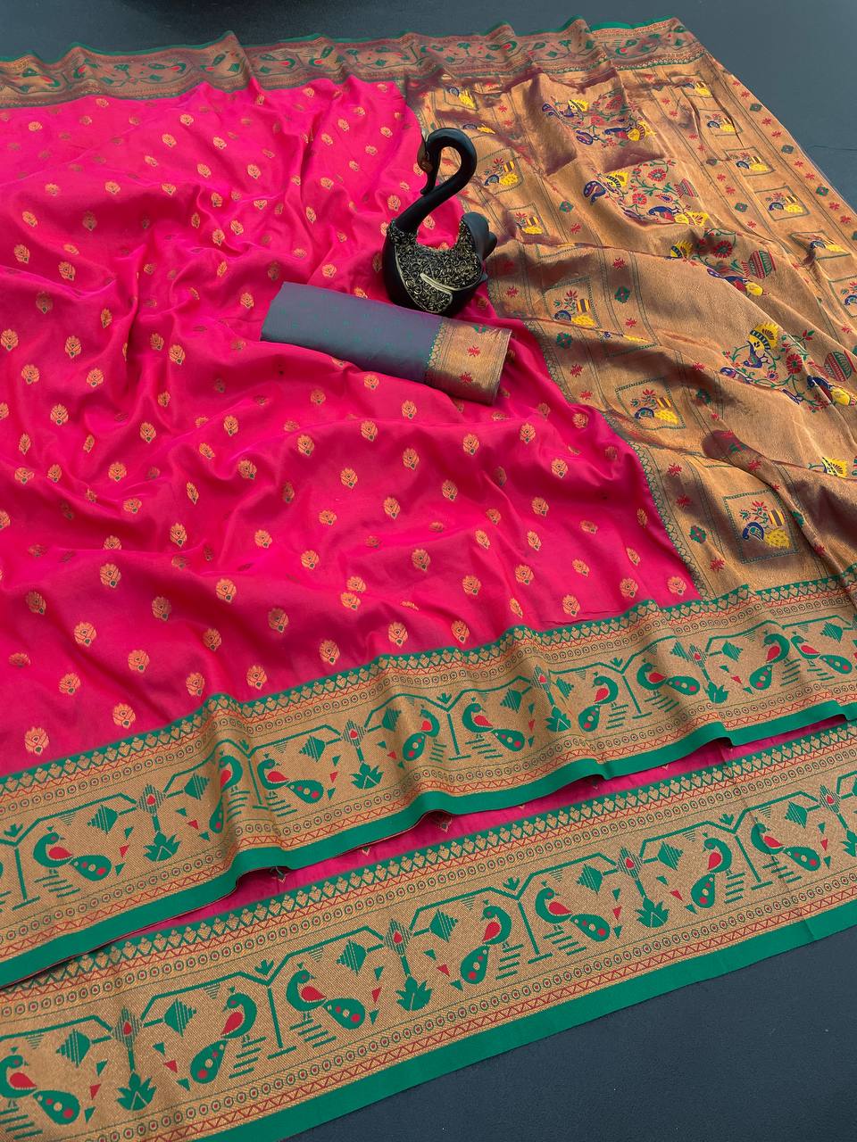 Original Paithani Silk Saree with Copper Zari Meenakari Work