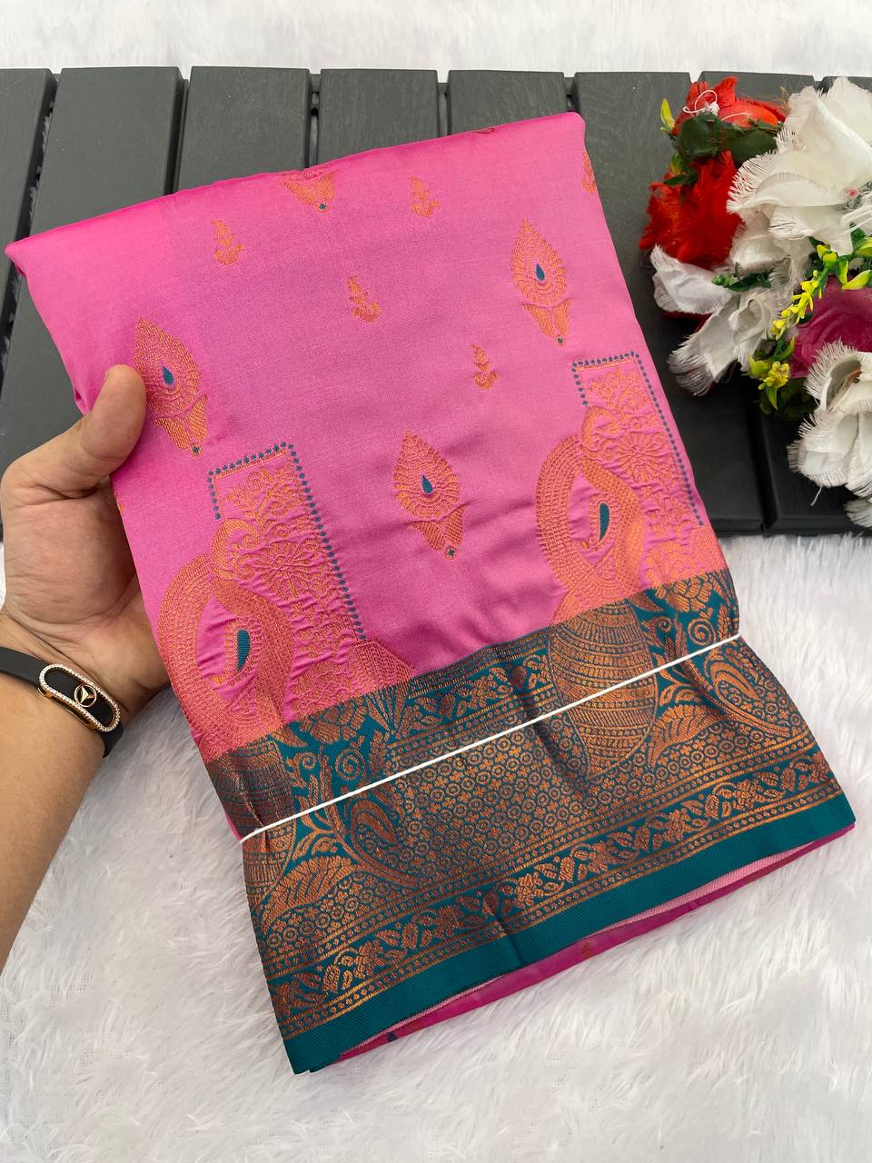 Premium Kanjivaram Soft Silk Saree with Copper Zari Jaal Weaving