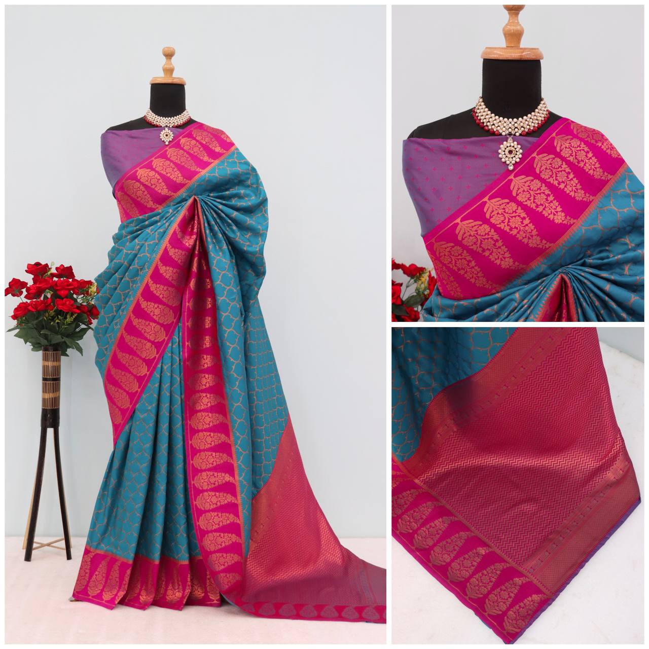 Premium Kanjivaram Soft Silk Saree with Copper Zari Jaal