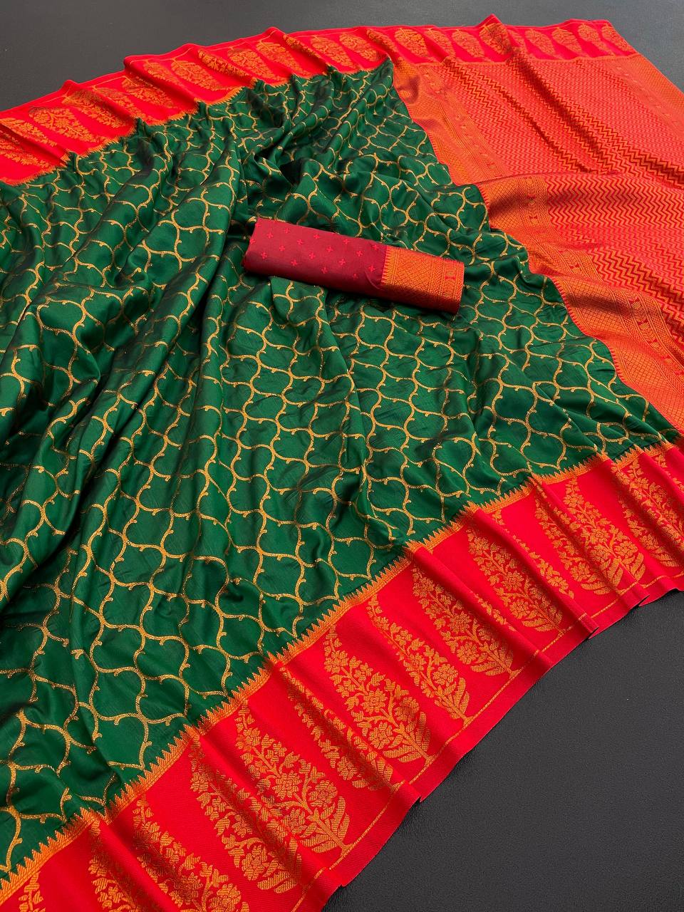 Premium Kanjivaram Soft Silk Saree with Copper Zari Jaal