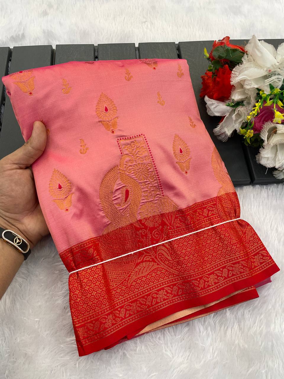 Premium Kanjivaram Soft Silk Saree with Copper Zari Jaal Weaving