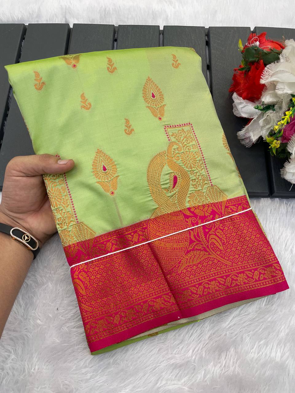Premium Kanjivaram Soft Silk Saree with Copper Zari Jaal Weaving