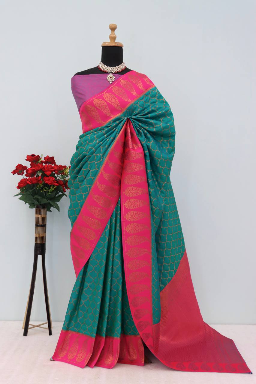 Premium Kanjivaram Soft Silk Saree with Copper Zari Jaal