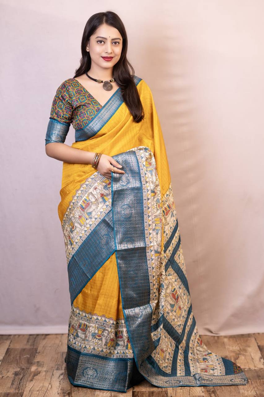 Lightweight Mangalagiri Dola Saree with Print Checks & Kalamkari Pallu