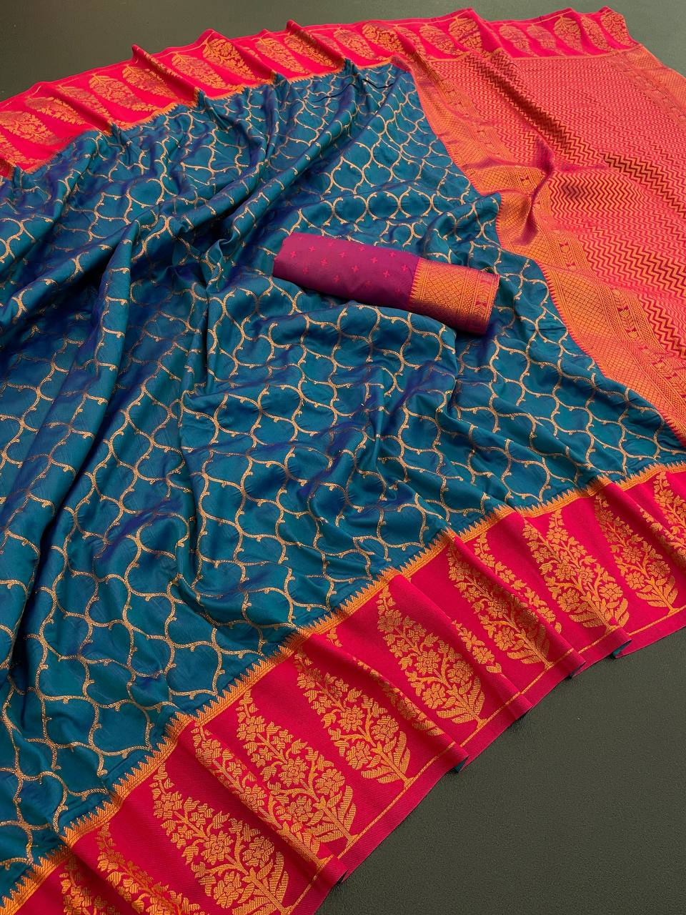 Premium Kanjivaram Soft Silk Saree with Copper Zari Jaal