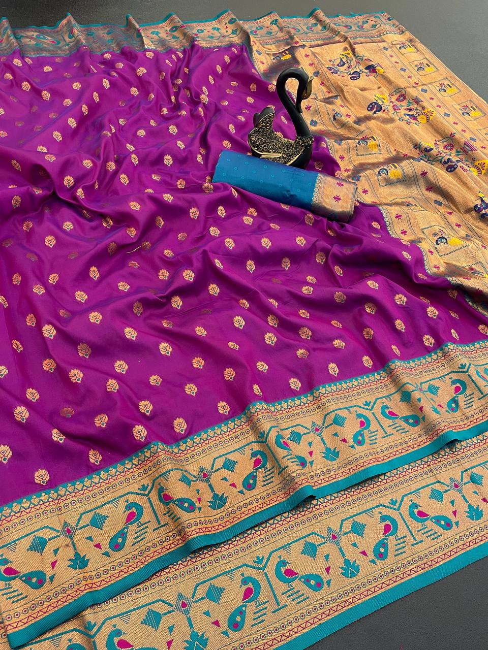 Original Paithani Silk Saree with Copper Zari Meenakari Work
