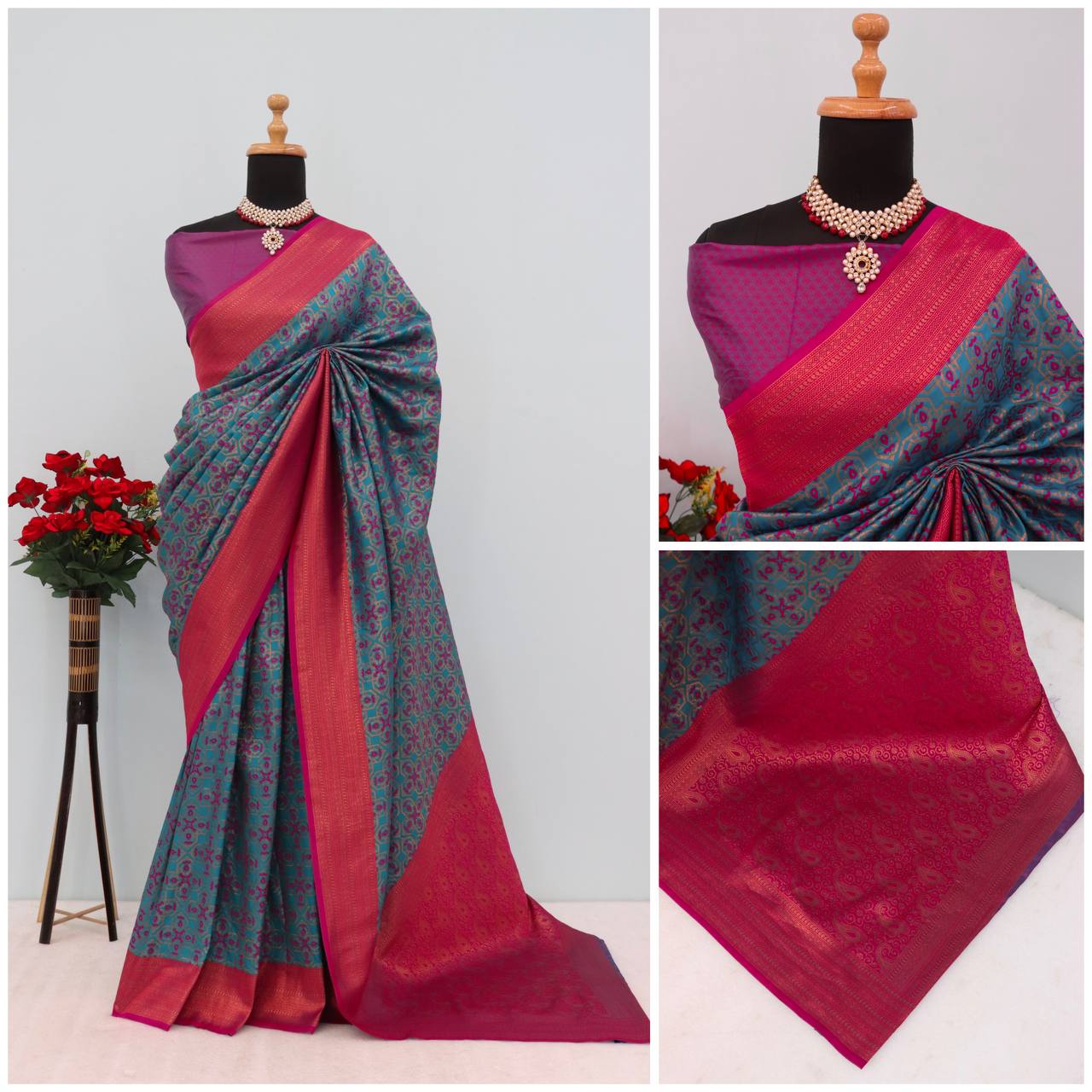 Premium Kanjivaram Soft Silk Saree with Copper Zari Jaal Weaving